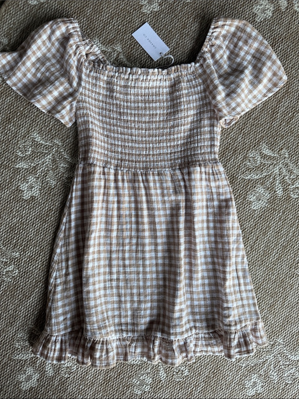 NWT Ghanda Co Smocked Gingham Off-Shoulder Dress in Beige 579-WN11